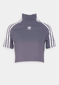 Zkrácený šedý sportovní top s vysokým límcem, krátkými rukávy a bílými trojitými pruhy na ramenech; na přední straně se nachází logo Adidas.