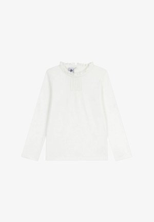 Long-sleeve white top with a ruffled collar, front pleats, and a tag. Soft fabric with a smooth texture, simple and clean design.