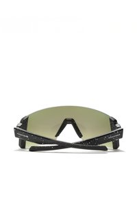 Akiniai nuo saulės su dideliu, išgaubtu žaliu lęšiu, juodu dėmėtu rėmeliu, kampuota forma ir išskirtiniais smailiais galais. Šone matomas logotipas.