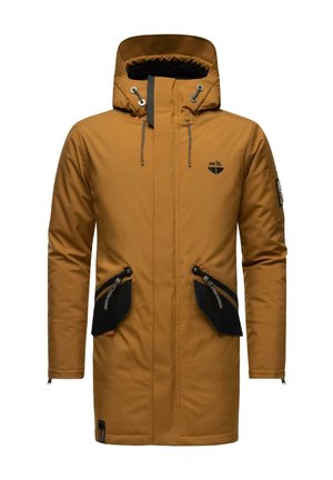 Oranžs ūdensnecaurlaidīgs parka ar kapuci, melniem rāvējslēdzējiem un divām priekšējām kabatām. Iespējas ar teksturētu oderi un sānu rāvējslēdzēju akcentiem.