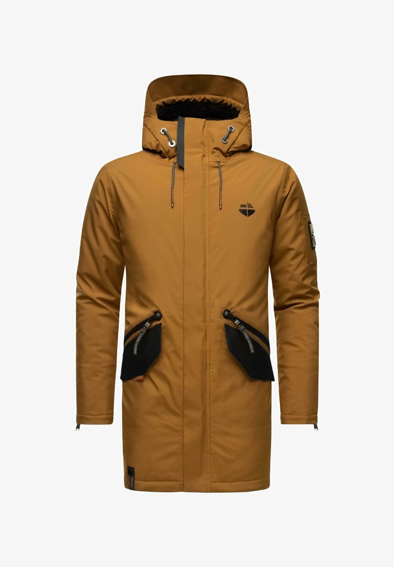 Oranžs ūdensnecaurlaidīgs parka ar kapuci, melniem rāvējslēdzējiem un divām priekšējām kabatām. Iespējas ar teksturētu oderi un sānu rāvējslēdzēju akcentiem.