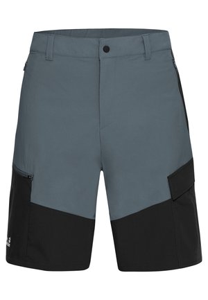 Herren-Shorts, aus einer Kombination von hellgrauem und schwarzem Stoff, mit Reißverschlusstasche und Kontrastpaneel-Design. Hergestellt aus leichtem Material.