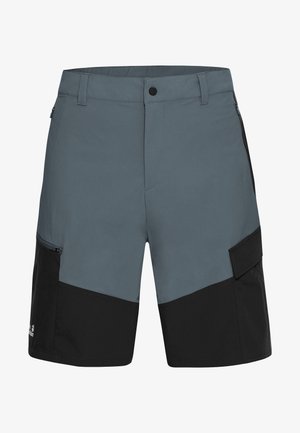 Herren-Shorts, aus einer Kombination von hellgrauem und schwarzem Stoff, mit Reißverschlusstasche und Kontrastpaneel-Design. Hergestellt aus leichtem Material.