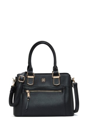 Borsa a mano in pelle nera con finitura testurizzata. Presenta doppie maniglie arrotondate, una tracolla removibile e dettagli in metallo dorato.