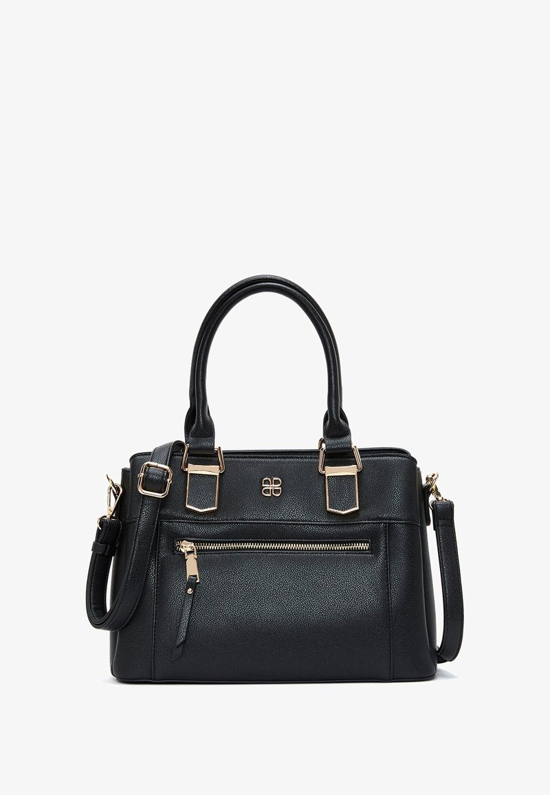 Czarna skórzana torebka o teksturowanym wykończeniu. Posiada podwójne, zaokrąglone uchwyty, odczepiany pasek na ramię oraz złote akcenty metalowe.