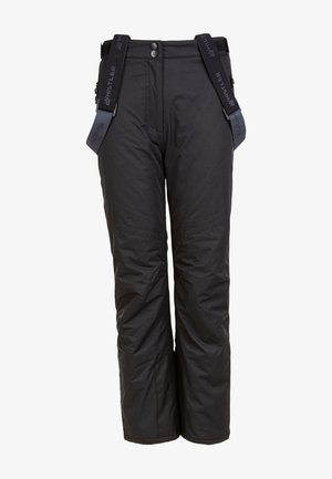 Pantalones de esquí negros fabricados con tejido aislante, que cuentan con tirantes ajustables, dos botones frontales y piernas ajustadas con puños reforzados.