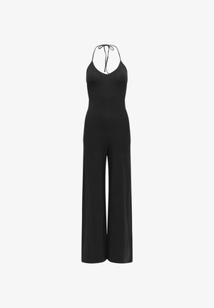 Svart halterneck-dress med vide ben og en detalj med søm foran, designet for en ermeløs passform.