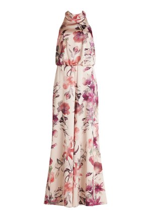 Bloemen maxi-jurk van zacht, glanzend materiaal. Heeft een hoge hals, gedrapeerde lijfje en een vloeiende silhoet met roze, paarse en groene bloemmotieven.