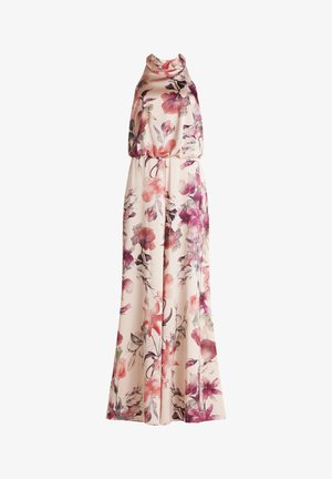Kwiatowa sukienka maxi z miękkiego, błyszczącego materiału. Posiada wysoki kołnierz, drapowaną górę oraz zwiewny krój z różowymi, fioletowymi i zielonymi wzorami kwiatowymi.