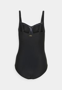 Schwarzer einteiliger Badeanzug mit verstellbaren Trägern, gepolsterten Cups und einem strukturierten Spitzenakzent an der Brust. Glatte, matte Oberfläche.