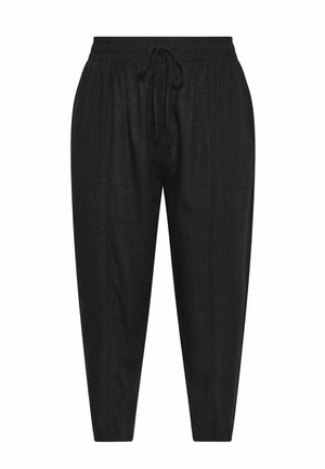 Schwarze locker sitzende Hose mit elastischem Bund und Kordelzug, verjüngten Beinen und dezenter Struktur auf weißem Hintergrund.