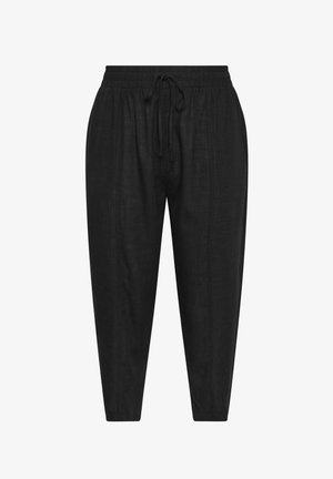 Løse, sorte bukser med elastisk taljebånd og snøre, tilspidsede ben og subtil tekstur på hvid baggrund.