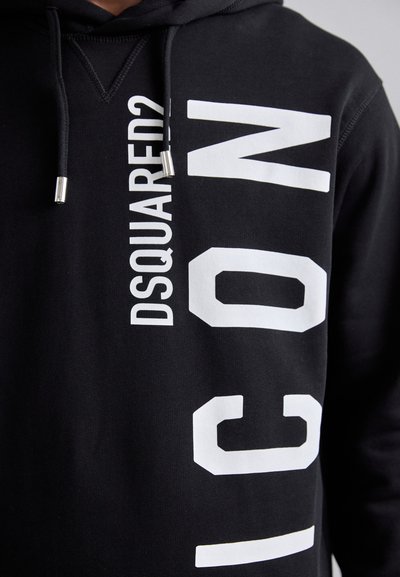 Schwarzer Hoodie mit großem weißen "DSQUARED2 ICON"-Schriftzug. Mit Kordeln und silbernen Aglets. Weicher, strukturierter Stoff, lässige Passform.