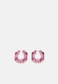 Pink acrylic hoop earrings in an angular shape, featuring a faceted design and shiny texture with a metallic fastening.