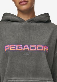 Grå hoodie tillverkad av mjukt material med en stor, flerfärgad grafisk design som läser "PEGADOR" och "MOST ALIVE" på framsidan.