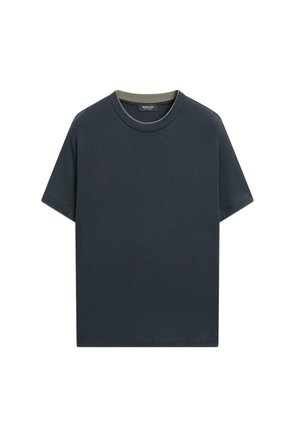 T-shirt bleu marine foncé en coton doux, avec un col rond classique et des manches courtes, au design simple et épuré.