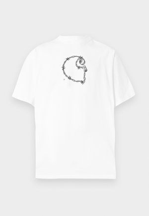 White cotton t-shirt featuring a black line drawing of a 'G' surrounded by barbed wire on the back. Short sleeves and crew neckline.