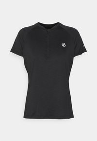 Chemise noire à manches courtes avec un col zippé, en tissu lisse, dotée de manches raglan et d'un petit logo sur le devant et sur la manche.