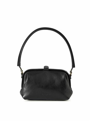 Borsa a mano in pelle nera di forma arrotondata, con manico corto e accessori in metallo dorato. Superficie texturizzata con chiusura a scatto sulla parte superiore.