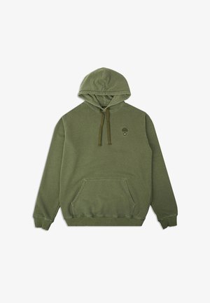 Olijfgroene hoodie, voorzien van een kangoeroezak, verstelbaar trekkoord en een klein geborduurd boomlogo. Zachte stofstructuur.