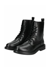 Black leather ankle boots with lace-up design, smooth finish, rounded toe, and flat rubber sole. Features side zipper and pull tab.