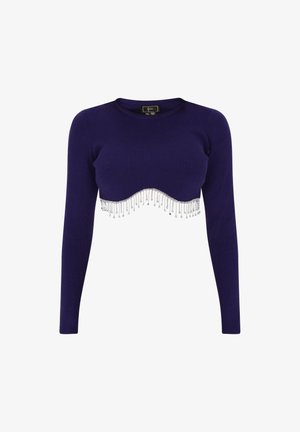 Pulover scurt cu dungi violet, mâneci lungi și tiv ondulat, având detalii cu franjuri din mărgele argintii pe marginea de jos.