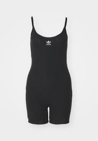 Černý žebrovaný body s tenkými ramínky, výstřihem ve tvaru lodi a bílým logem Adidas na hrudi. Krátká délka nohou, hladká textura.