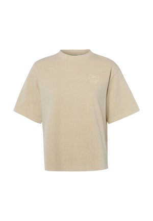 Beige short-sleeve crewneck t-shirt with a small white double heart outline logo on the left chest.