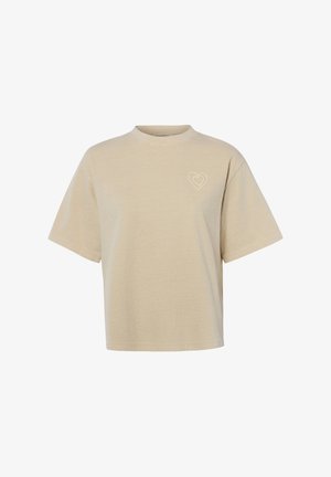 Beige short-sleeve crewneck t-shirt with a small white double heart outline logo on the left chest.