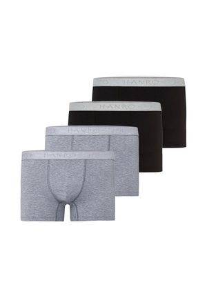 Vier Herren-Boxershorts in Grau und Schwarz, angeordnet in zwei Paaren mit grauen elastischen Bündchen, die mit "HANRO" gebrandet sind.