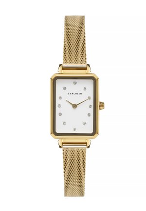 Goldfarbene rechteckige Uhr mit Mesh-Armband, weißem Zifferblatt und diamantähnlichen Markierungen; verfügt über ein schlichtes Ziffernblatt und eine Schließe.