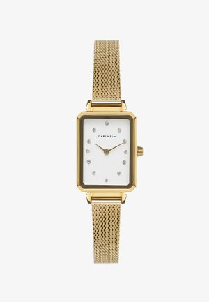 Guldtonet rektangulær urskive med mesharmbånd, hvid urskive og diamantlignende markører; har en enkel skive og spænde.