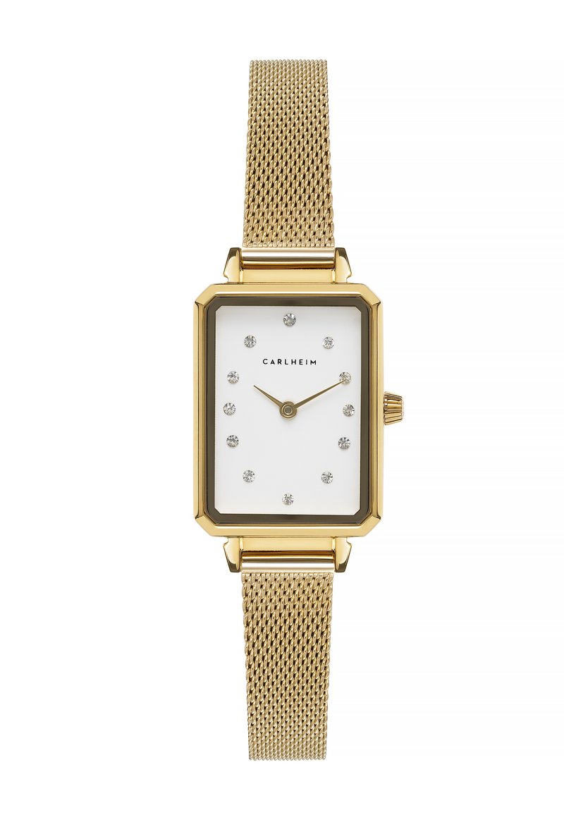 Reloj rectangular en tono dorado con correa de malla, esfera blanca y marcadores similares a diamantes; presenta un dial y un cierre sencillos.