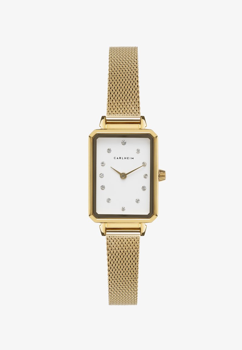 Reloj rectangular en tono dorado con correa de malla, esfera blanca y marcadores similares a diamantes; presenta un dial y un cierre sencillos.