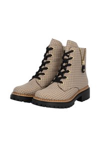 Bottines à motif pied-de-poule marron avec lacets noirs, détails de zip doré et semelle noire épaisse. Col rembourré pour le confort.