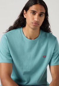 Turkise bomull t-skjorte med korte ermer og rund hals. Har en liten rød Levi's-logo på brystet. Glatt tekstur.