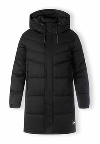Čierny zateplený kabát s kapucňou, s rovný strihom, predným zipsom a bočnými zipsovými vreckami. Hladký, matný povrch s prešívaním.