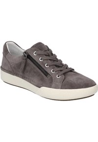 Sneakers en suède gris avec une semelle en caoutchouc blanche, un bout rond, des accents cousus et une fermeture éclair sur le côté pour un accès facile. Les lacets assurent un maintien sécurisé.