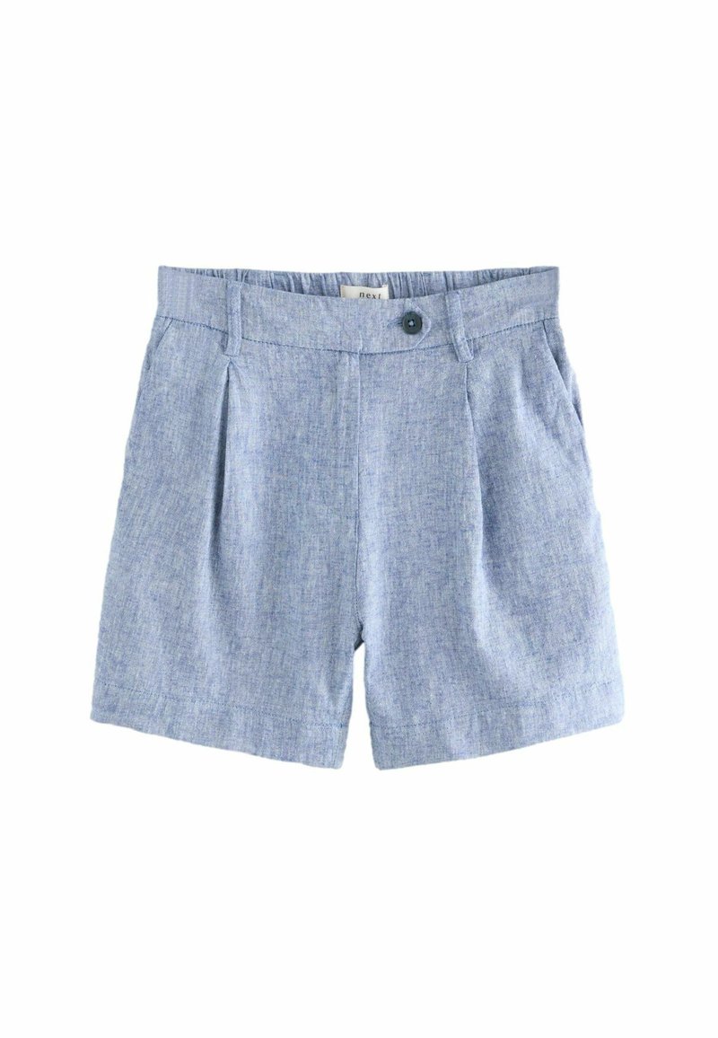 Světle modré lněné šortky s texturovaným povrchem, vybavené zapínáním na knoflík, předními záhyby a bočními kapsami. Klasický design a prodyšný materiál.