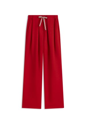 Pantaloni rossi a gamba larga con elastico in vita e coulisse con motivo, distesi su sfondo bianco.