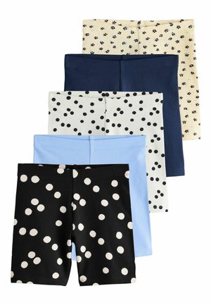 Päť párov zložených šortiek naskladaných na seba, vzory zahŕňajú čierne s bielymi bodkami, svetlomodré, biele s čiernymi bodkami, tmavomodré a krémové s malými kvetinovými motívmi.