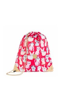 Rode trekkoord tas met een speels dierenpatroon, gemaakt van duurzaam materiaal. Voorzien van goudkleurige hardware en een gestructureerde bruine basisaccent.