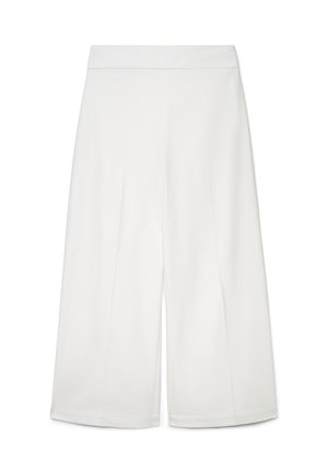 Pantalon blanc à jambe large et raccourci, taille haute avec plis devant, fait en tissu lisse.