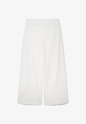 Pantaloni bianchi a gamba larga, cropped, con vita alta e pieghe frontali, realizzati in tessuto liscio.