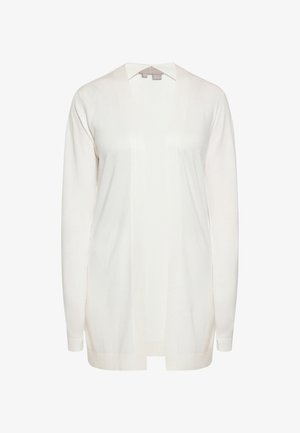 Weißer, leichter Cardigan mit langen Ärmeln, offenem Vorderteil und geripptem Saum. Aus weichem Stoff gefertigt, mit einem glatten, minimalistischen Design.