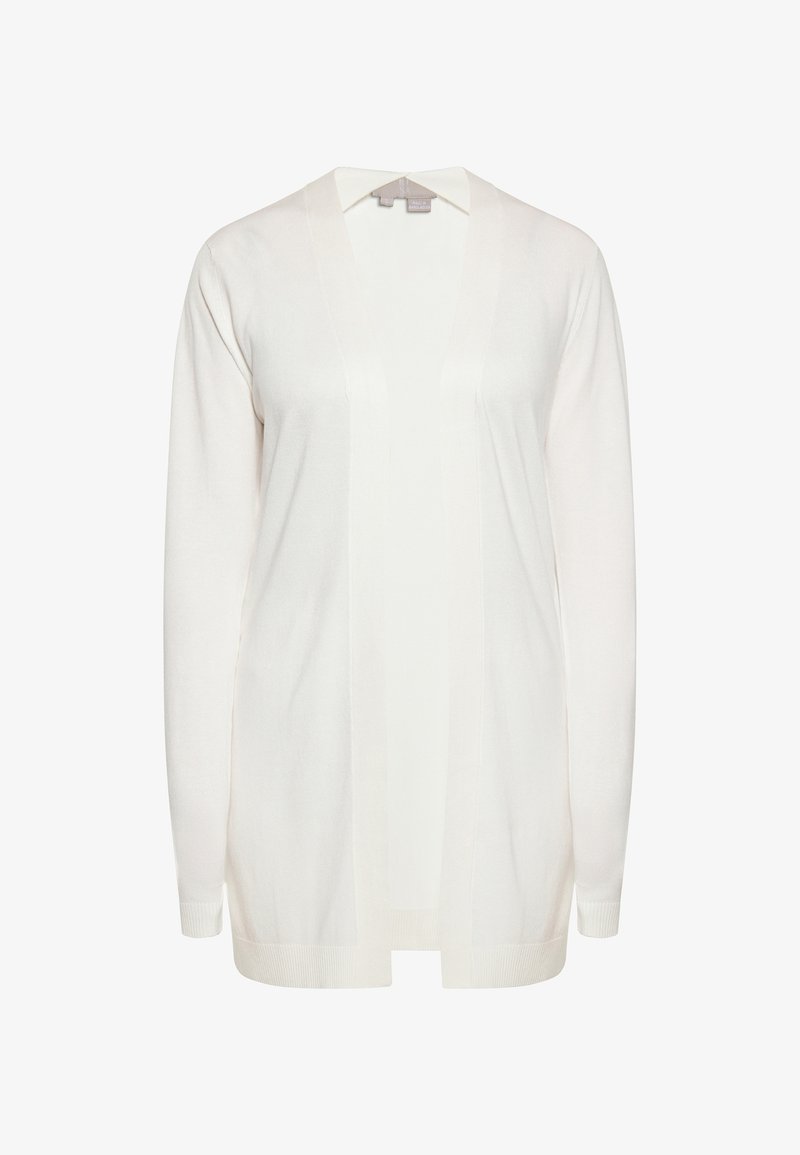 Witte, lichte cardigan met lange mouwen, open voorkant en geribbelde zoom. Gemaakt van zachte stof, met een soepel, minimalistisch ontwerp.