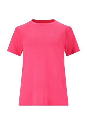 Short-sleeve athletic shirt in bright pink. Made of lightweight, smooth material with a crew neckline and subtle logo detail on the chest.