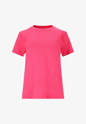 Kortærmet atletisk skjorte i lys pink. Fremstillet af letvægtsmateriale med en glat overflade, rund halsudskæring og diskret logo-detalje på brystet.