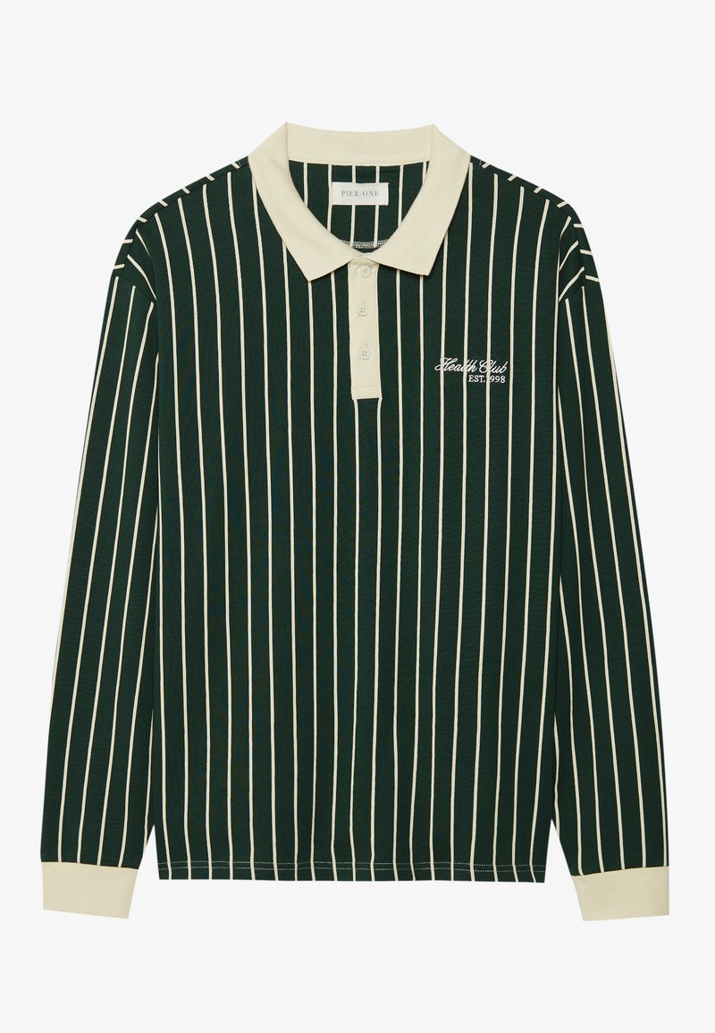Long-sleeve polo shirt in dark green with white vertical stripes. Features a beige collar, three-button placket, and embroidered logo.