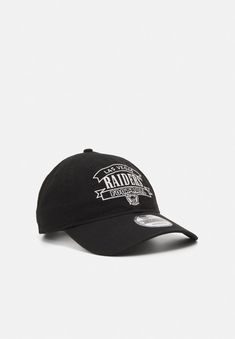 Schwarze Baseballmütze aus Baumwolle mit gesticktem "Las Vegas Raiders Football"-Logo und Grafik auf der Vorderseite; gewölbtes Visierdesign.